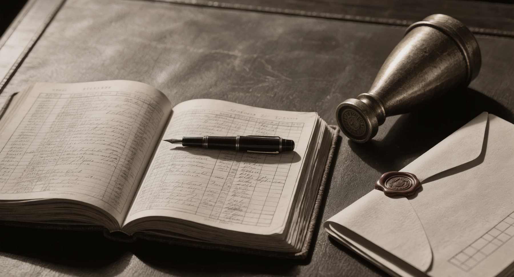 An open ledger, fountain pen, and wax seal on a leather desk